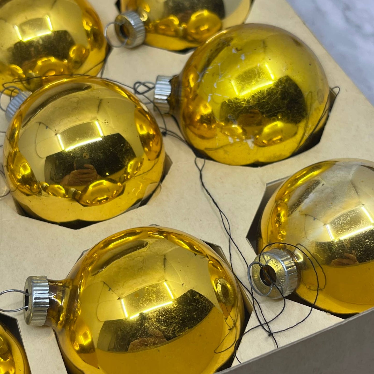 Shiny Brite 12 Vintage 2 1/4" Mercury Glass Ornaments Original Box Gold OT1