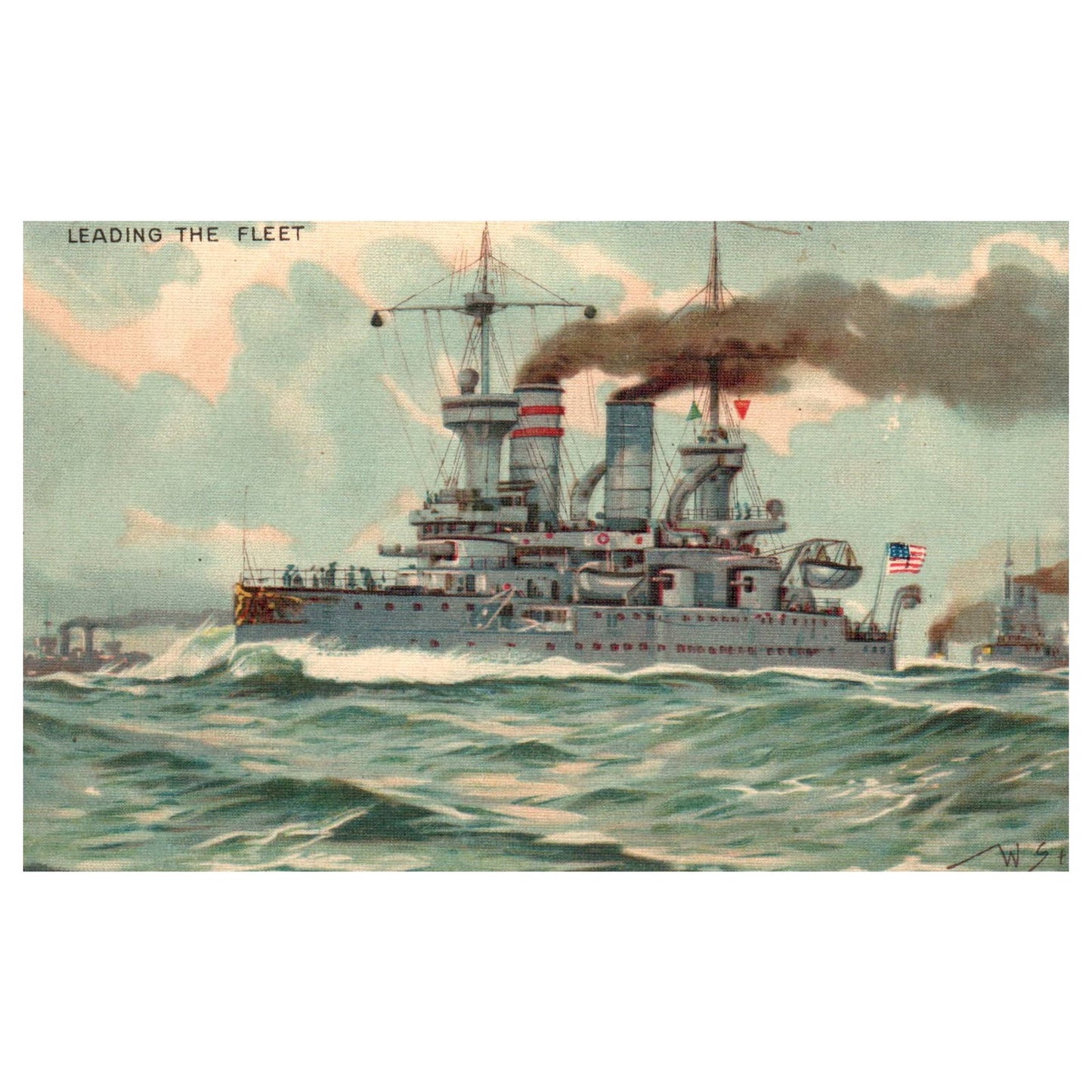 WWII US Battleship Illustration - Original Postcard TJ8-5