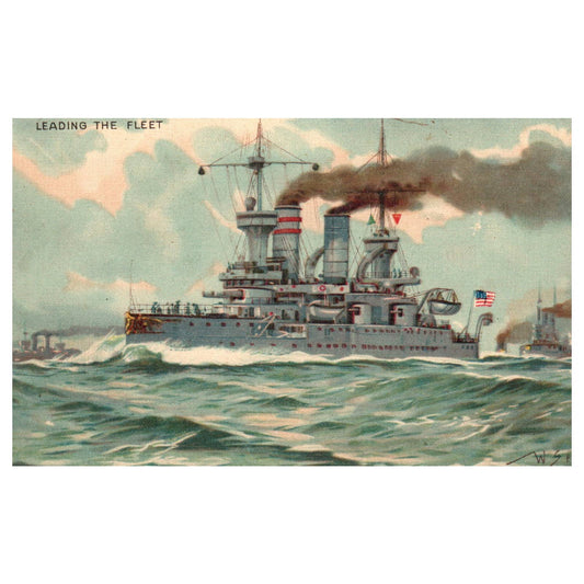 WWII US Battleship Illustration - Original Postcard TJ8-5