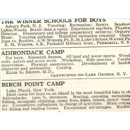 c1920 Harper's Magazine Ad - Camp Penn Valcour Island Lake Champlain NY EA3