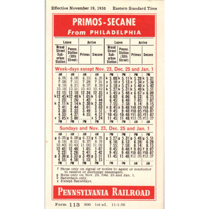 1950 Pennsylvania Railroad Secane-Primos Philadelphia Timetable SE8