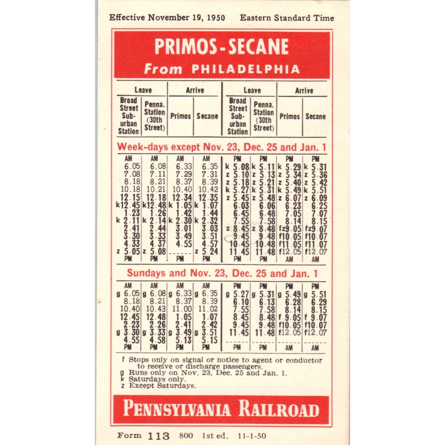 1950 Pennsylvania Railroad Secane-Primos Philadelphia Timetable AK3-M41
