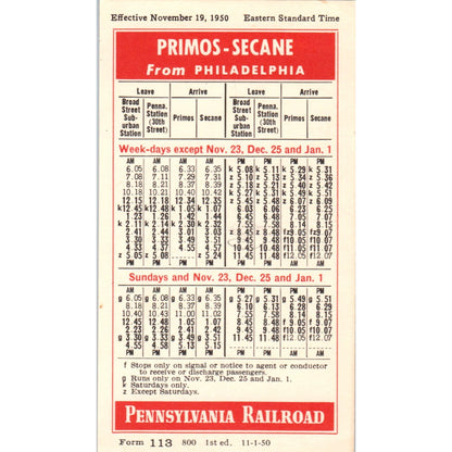 1950 Pennsylvania Railroad Secane-Primos Philadelphia Timetable AK3-M41
