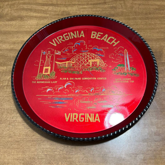 Vtg Red Hand Painted Acrylic State Souvenir Plate Tray Virginia Beach VA 10” TG7