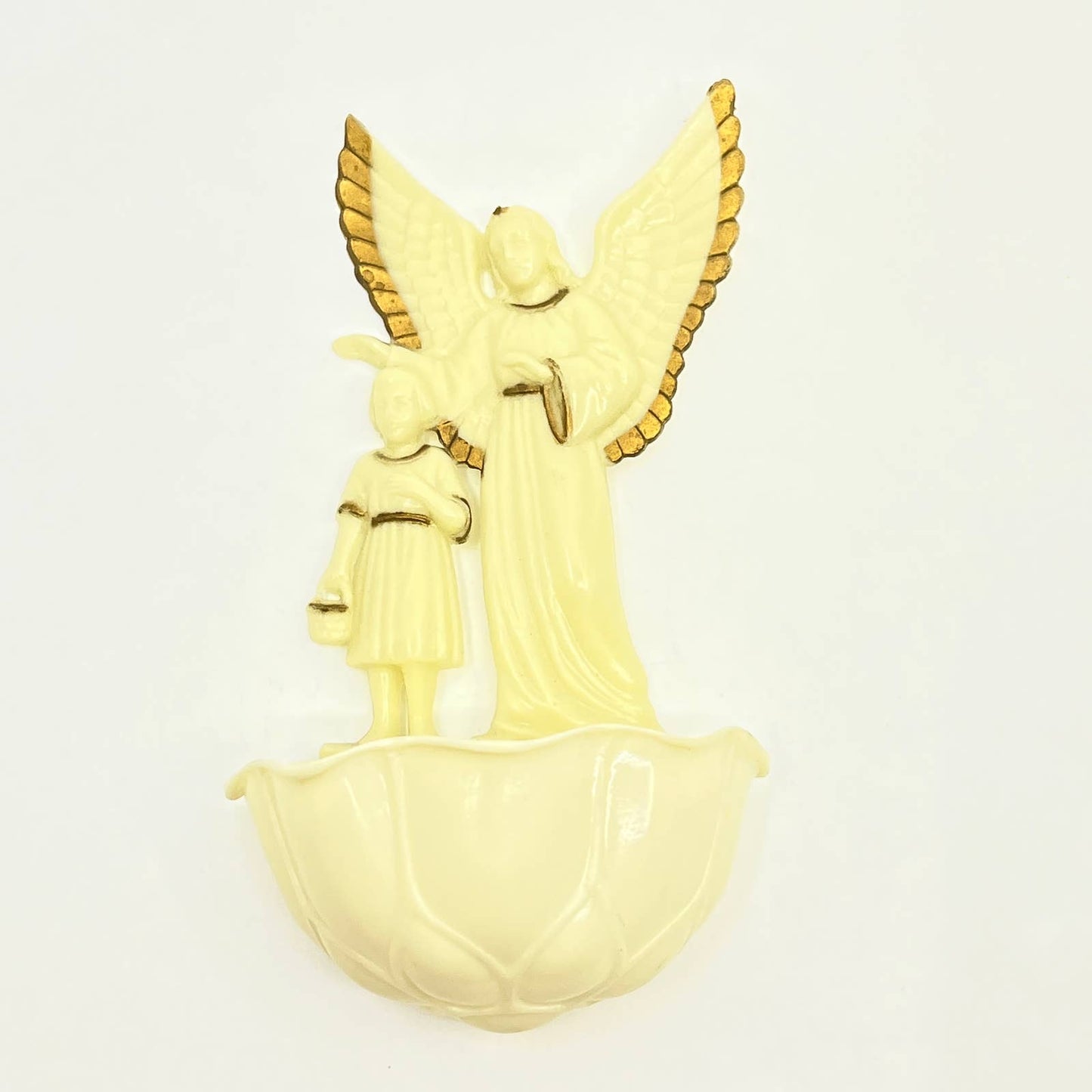 Vintage Guardian Angel With Child Celluloid Gold Tone Gilt Holy Water Font TF5