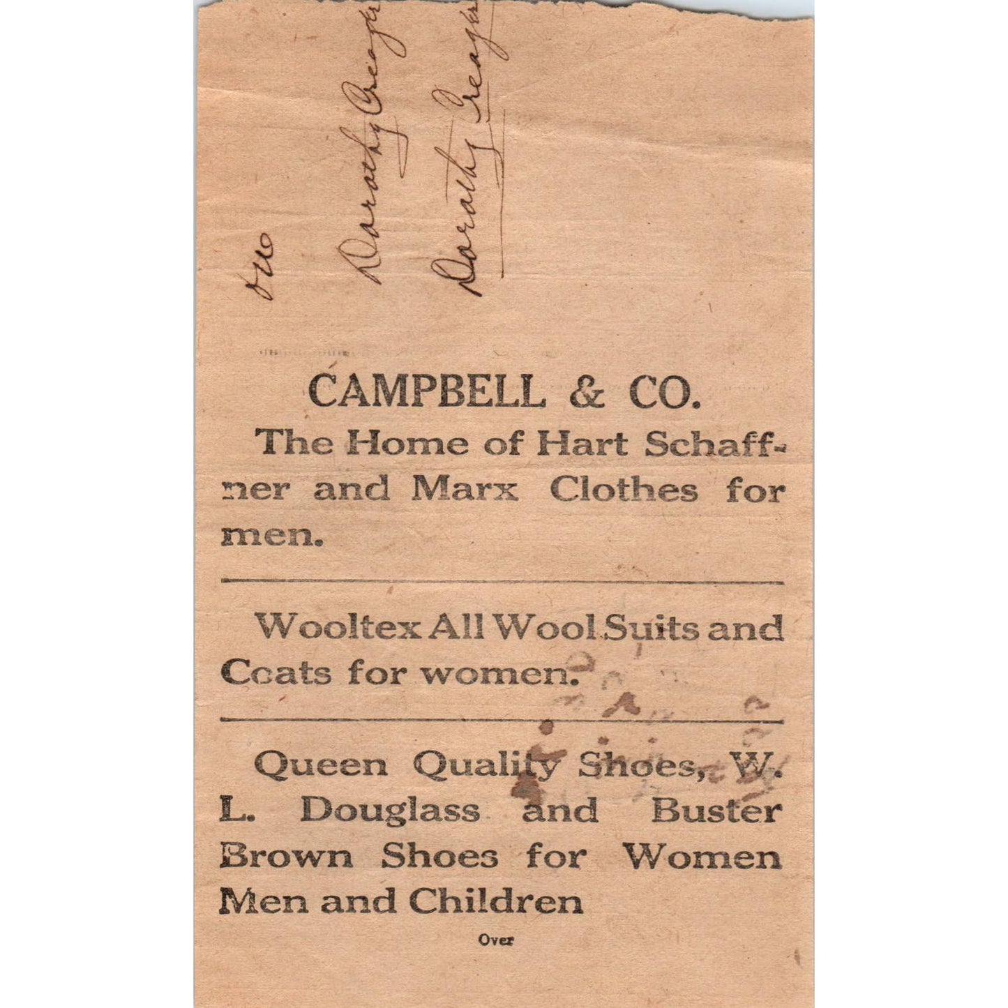 c1910 Campbell & Co. Hart Schaffner & Marx Clothes Receipt Kendallville IN AD8