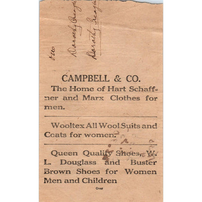 c1910 Campbell & Co. Hart Schaffner & Marx Clothes Receipt Kendallville IN AD8