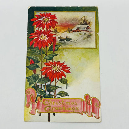 1912 Christmas Post Card Early Automobile Poinsettias Farmhouse Winter PA4