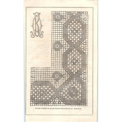 1878 Victorian Engraving Embroidery Pattern Guipure Darning Square Netting SF2