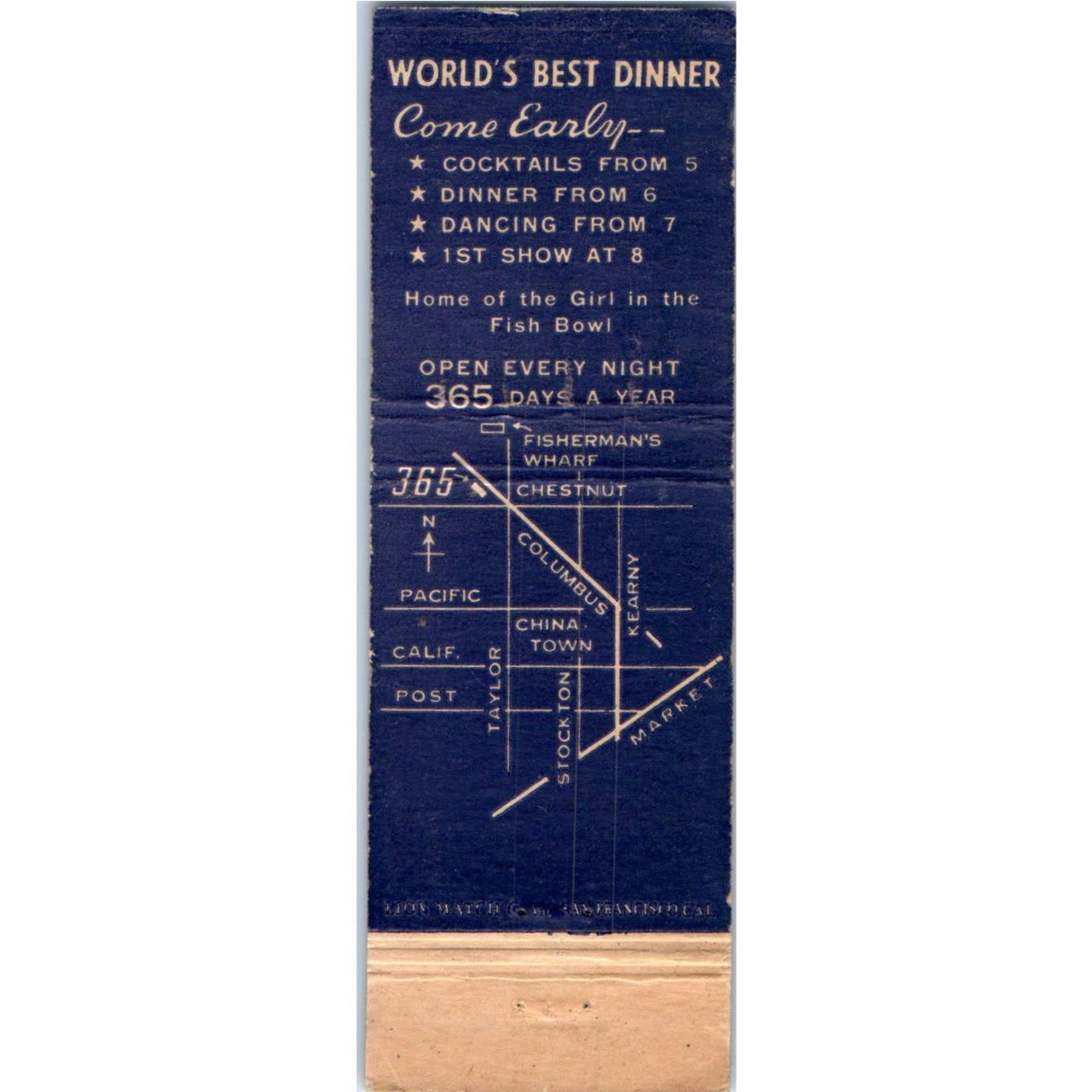 Bimbo's 365 Restaurant San Francisco CA Advertising Matchbook Cover MM9-2