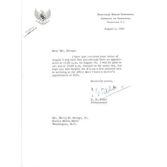 Embassy of Indonesia Official Letterhead Memo L.N. Palar 8/5/66 TK1-P10