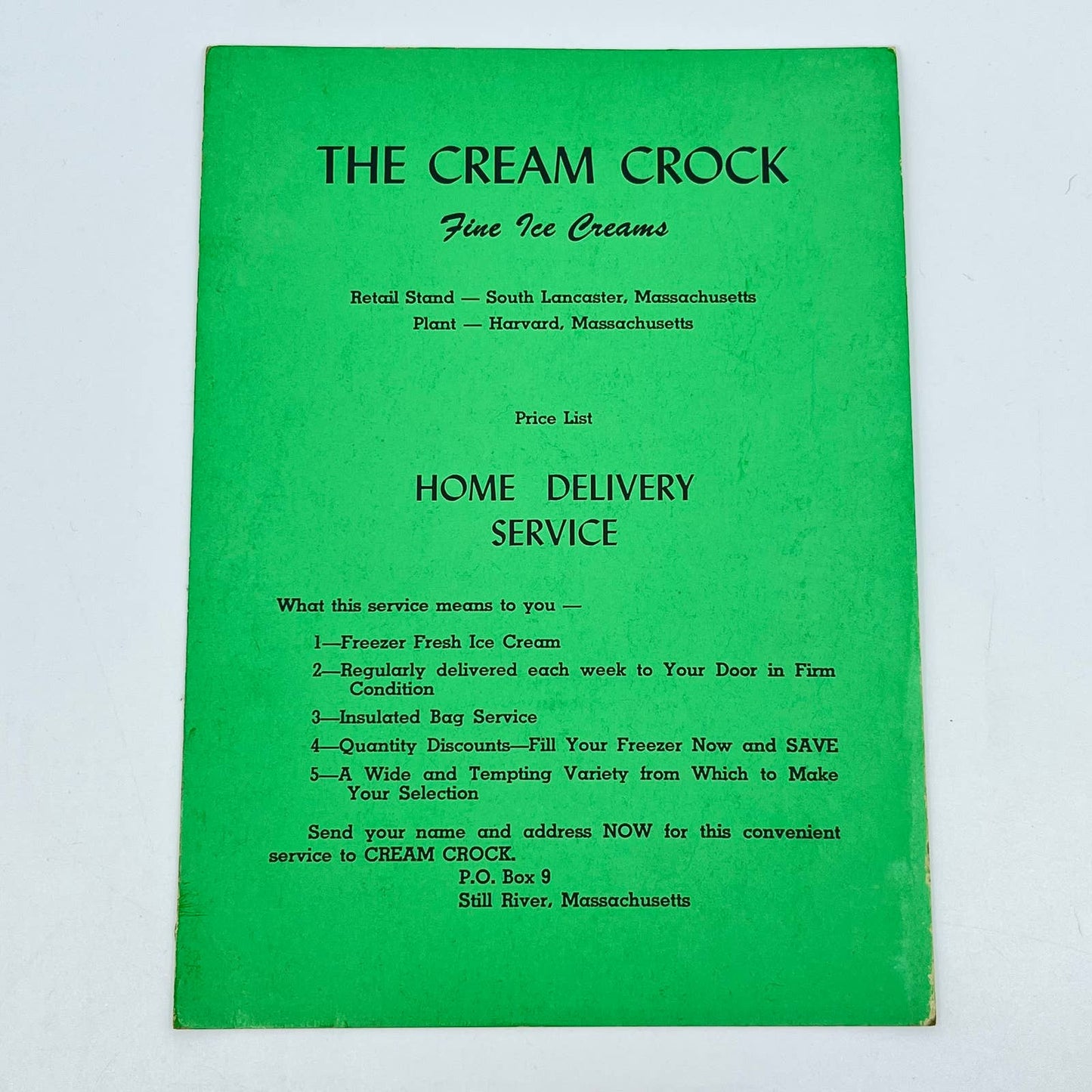 VTG The Cream Crock Fine Ice Creams Home Delivery Menu South Lancaster MA AA8