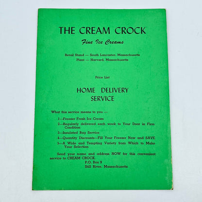 VTG The Cream Crock Fine Ice Creams Home Delivery Menu South Lancaster MA AA8