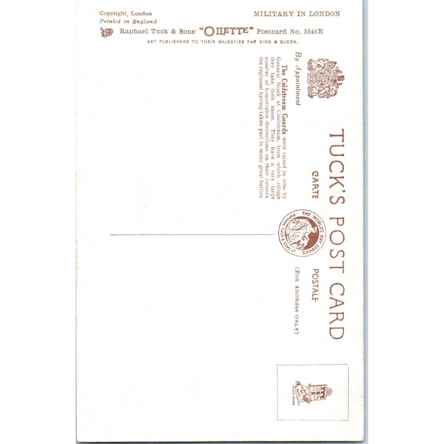 Military in London Coldstream Guards Raphael Tuck Oilette Postcard TK1-P14