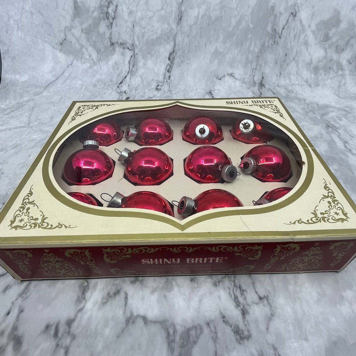 Shiny Brite 12 Vintage 1 3/4" Mercury Glass Ornaments Original Box Red/Pink TJ9