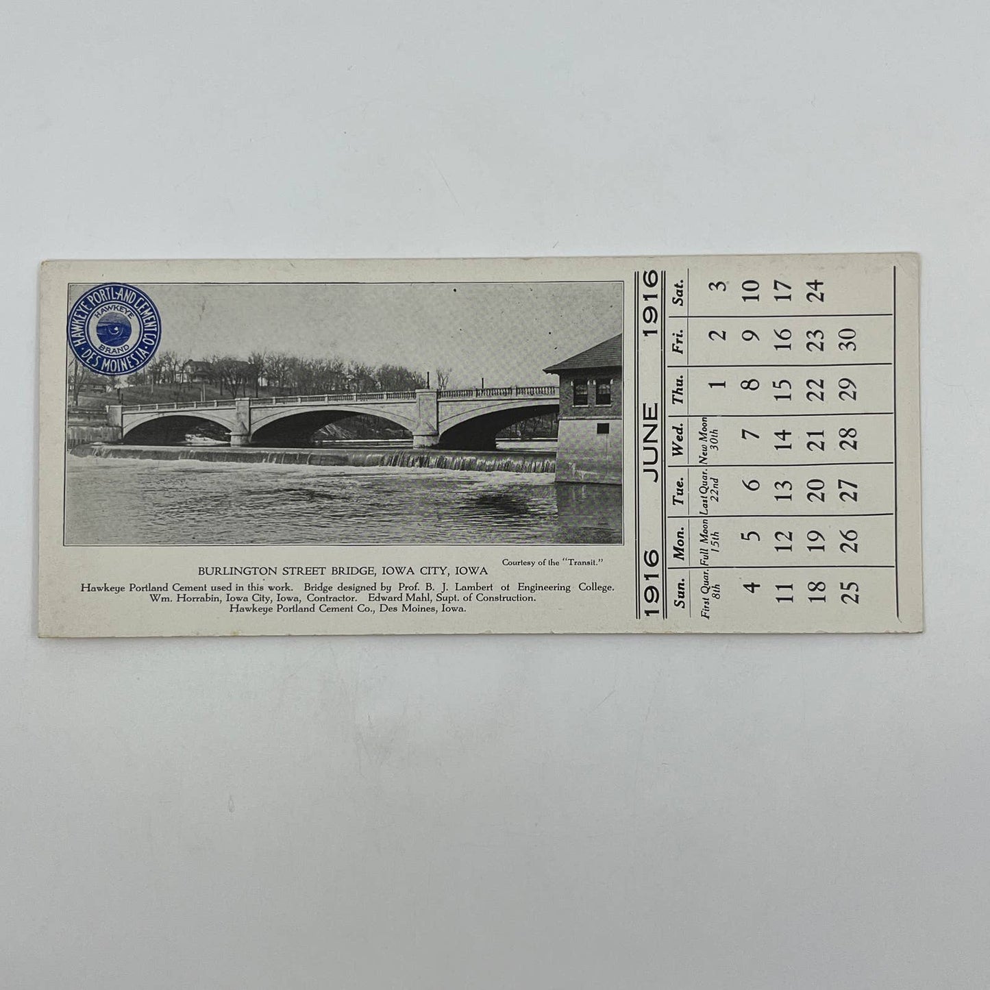 1916 Hawkeye Portland Cement Co Blotter Des Moines Burlington Street Bridge AB8