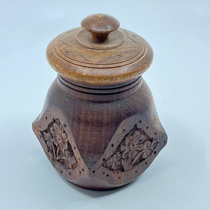 Vintage Teak Wood Carved Tea Canister Jar Urn w/ Lid India 3” TE5