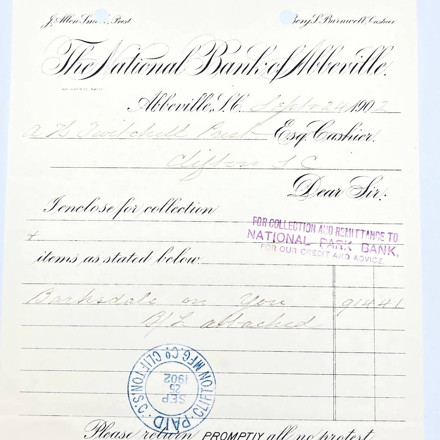 1902 The National Bank of Abbeville Letterhead Clifton MFG Stamp Abbeville AB9