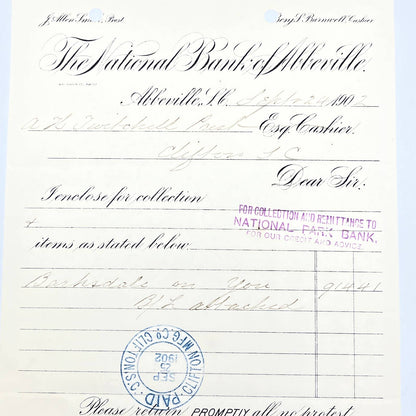 1902 The National Bank of Abbeville Letterhead Clifton MFG Stamp Abbeville AB9