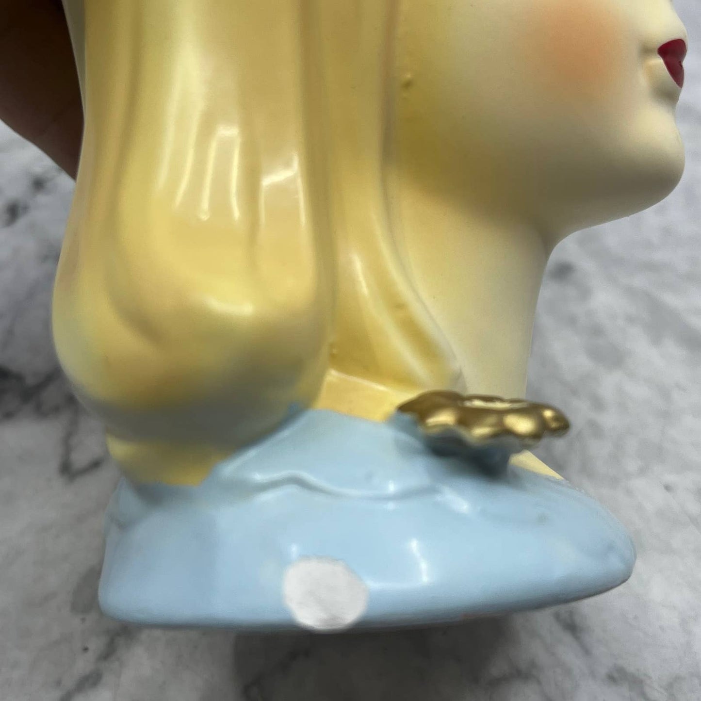 MCM Head Vase Lady Girl Japan Gold Eye Lashes Blue Dress Flower 5" TK2