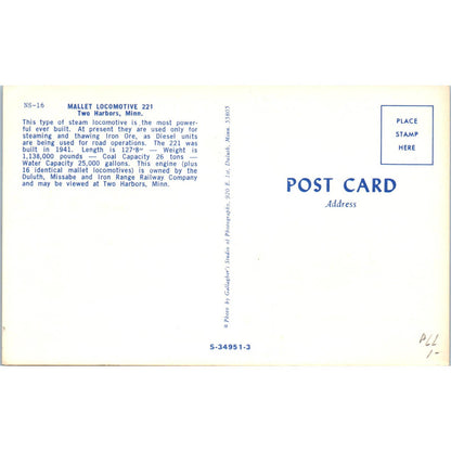 Mallet Locomotive 221 Two Harbors Minnesota Original Postcard TK1-P20