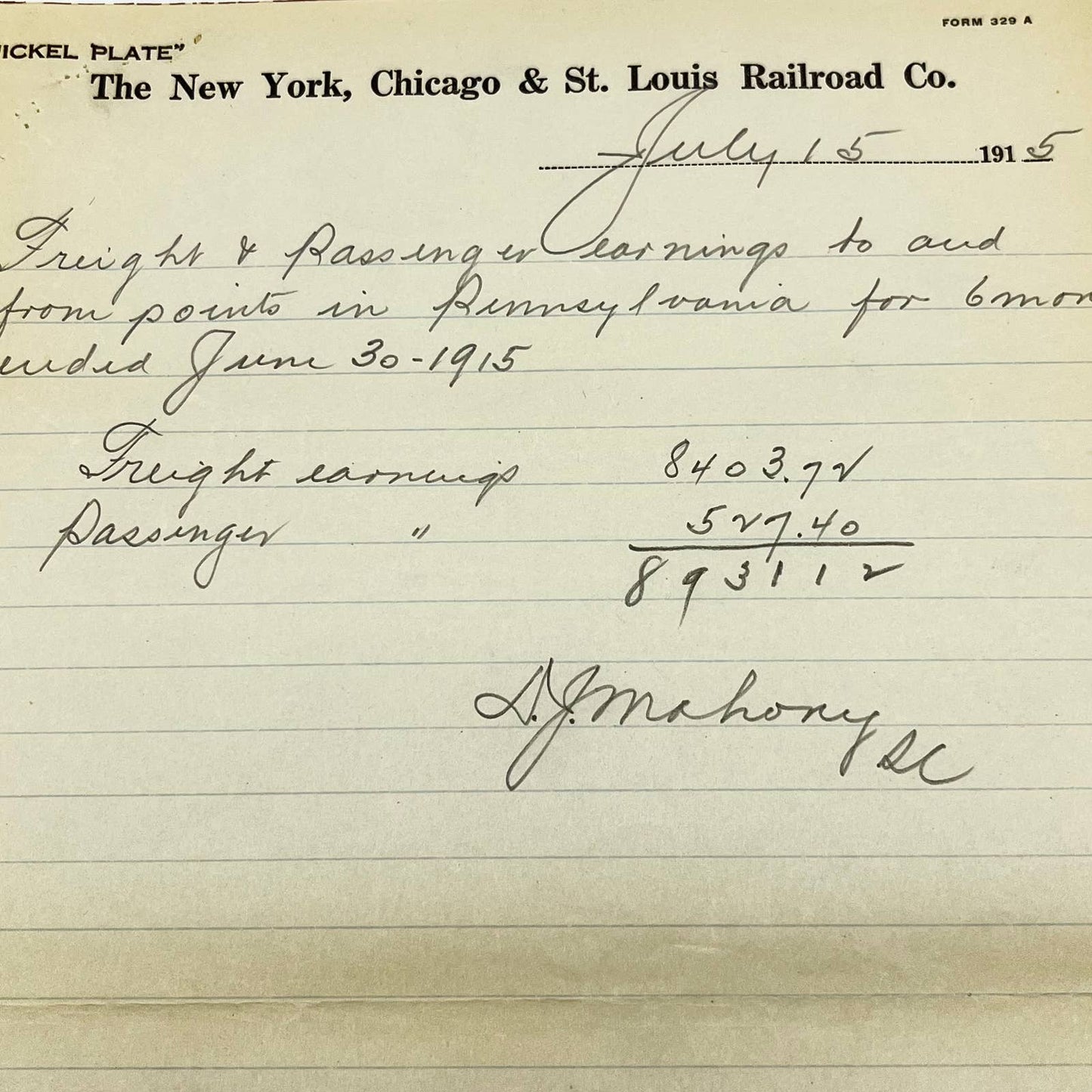 1915 New York, Chicago & St Louis RR Co. Memo Freight & Passenger Earnings AA9