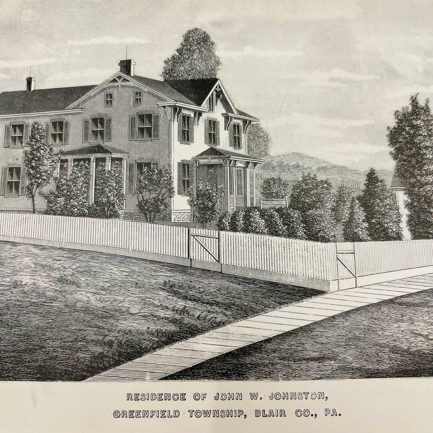 1880s Print Engraving Residence of John W Johnston Greenfield Twp Blair Co PA C8