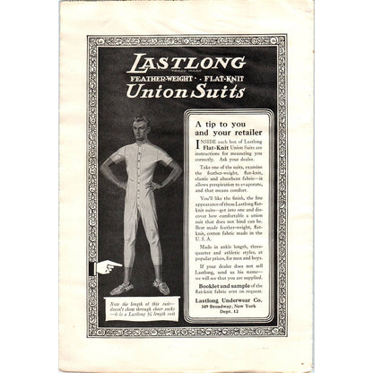 c1920 Harper's Magazine Ad - Lastlong Underwear Co. Flat-Knit Union Suits NY EA3