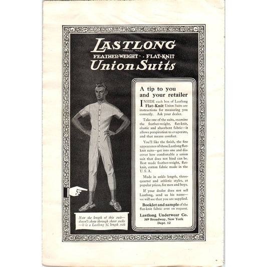 c1920 Harper's Magazine Ad - Lastlong Underwear Co. Flat-Knit Union Suits NY EA3