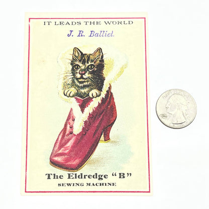 1880s Trade Card Eldredge B Sewing Machine Adorable Cat Kitten J.R. Balliet AC2