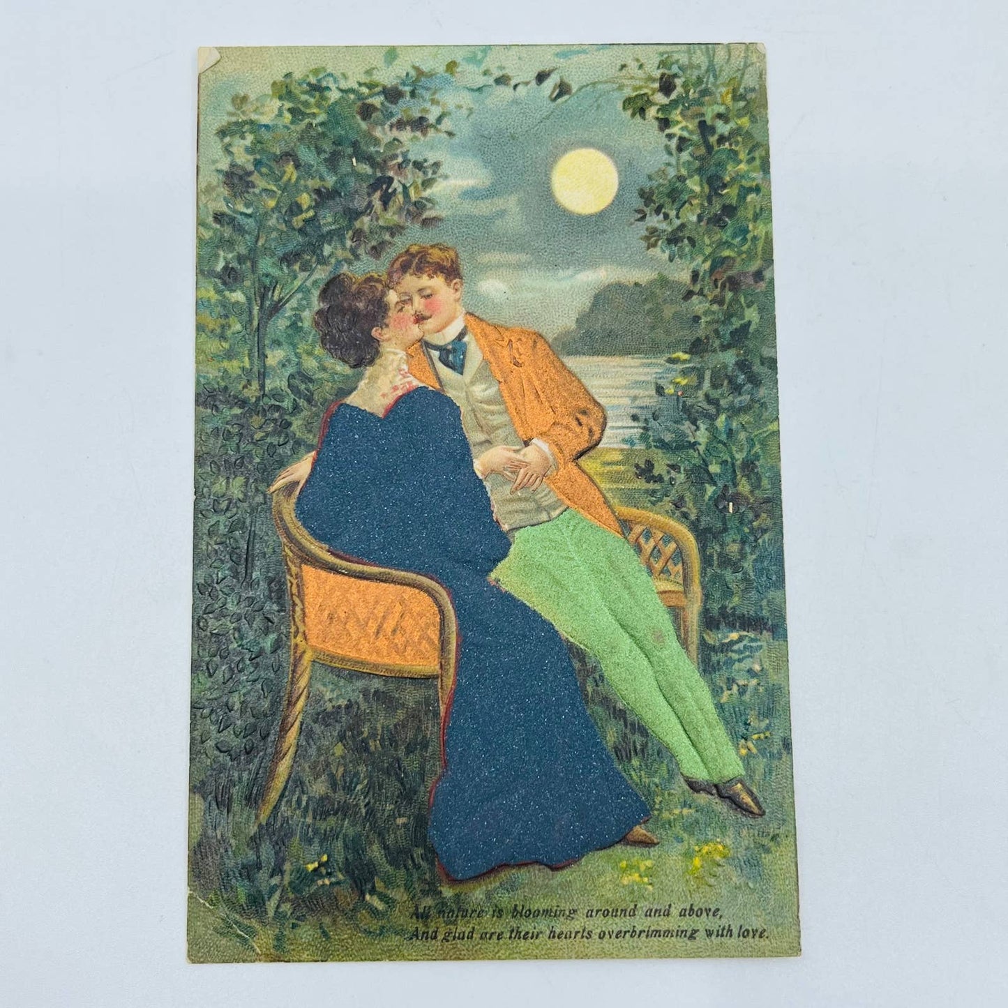 1910s Post Card Romance Illustrated Victorian Couple Kissing Moonlight Poem PA6