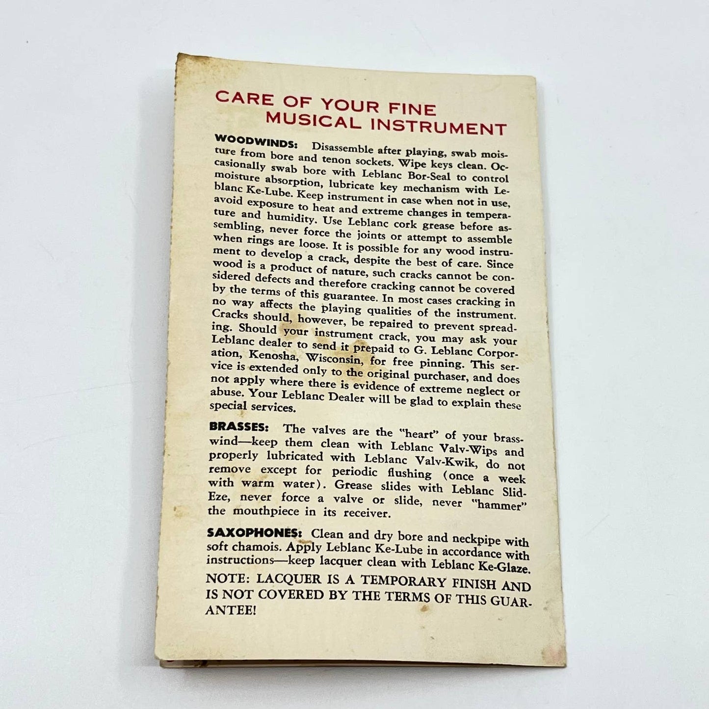 1950s LeBlanc Corporation Noblet Musical Instrument Warranty Card Kenosha WI AB2