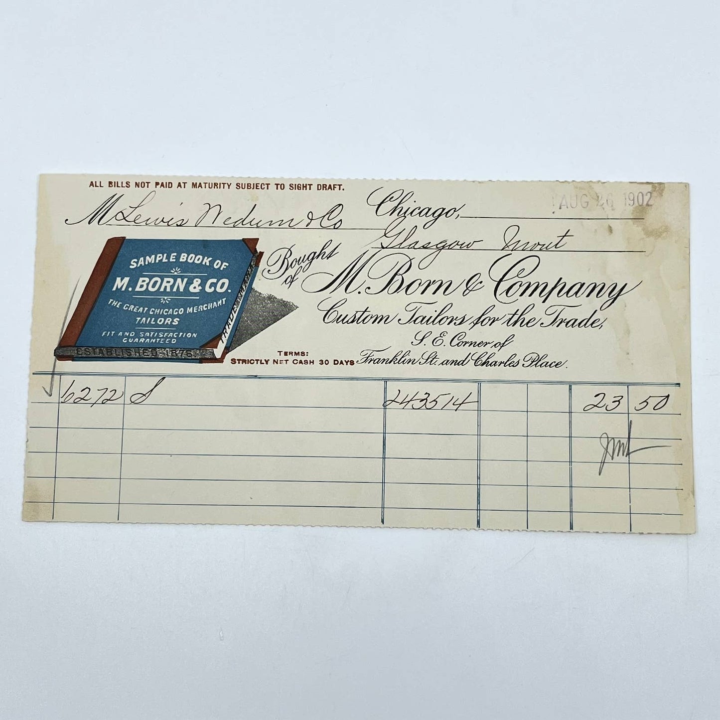 1902 M. Born & Company Custom Tailors Letterhead Chicago IL AB5-2