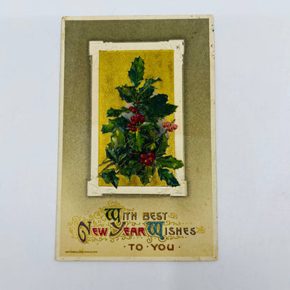 1910s Christmas New Year’s Post Card Embossed Holly Gilt John Winsch PA3