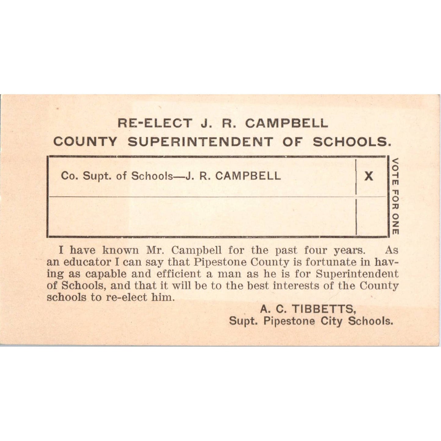 c1917 J.R. Campbell Superintendent Pipestone MN Political Article & Cards SE5