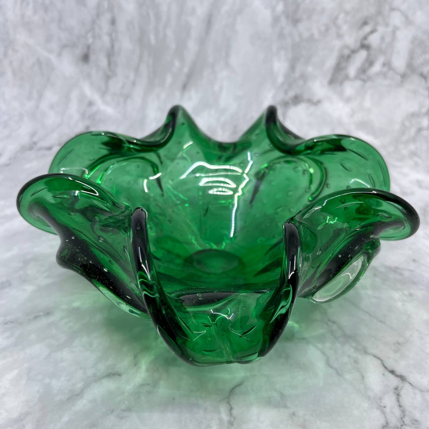 Vintage Emerald Green Swirly Murano Art Glass Bowl Heavy Glass 7" TA2