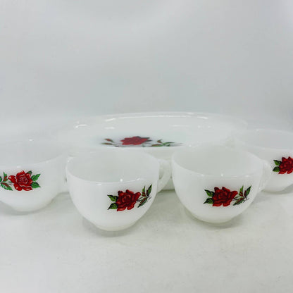 Vintage MCM Atomic 8 Piece Federal Milk Glass Rosecrest Snack Set Roses TC4