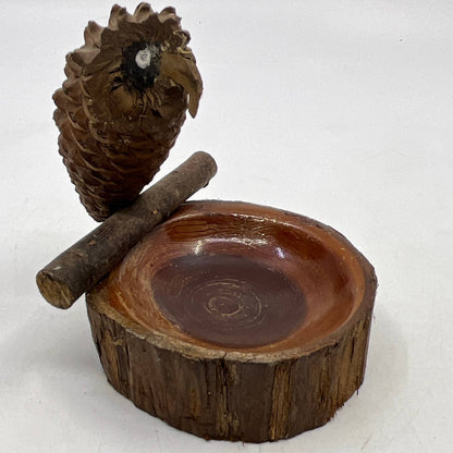California Redwood Artisan Hand Carved Pinecone Owl Folk Art Trinket Dish TI4