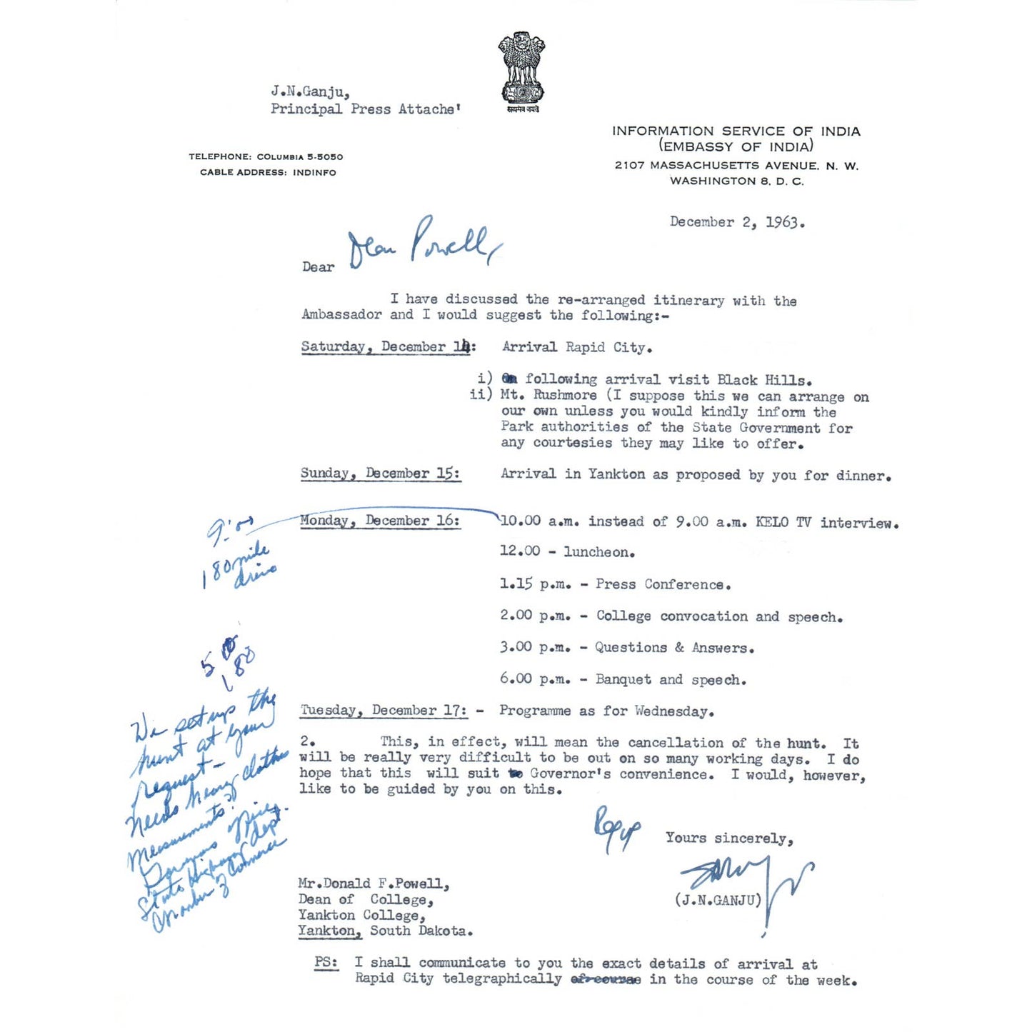 Embassy of India J.N. Ganju Press Attache Dec 2 1963 TK1-P11