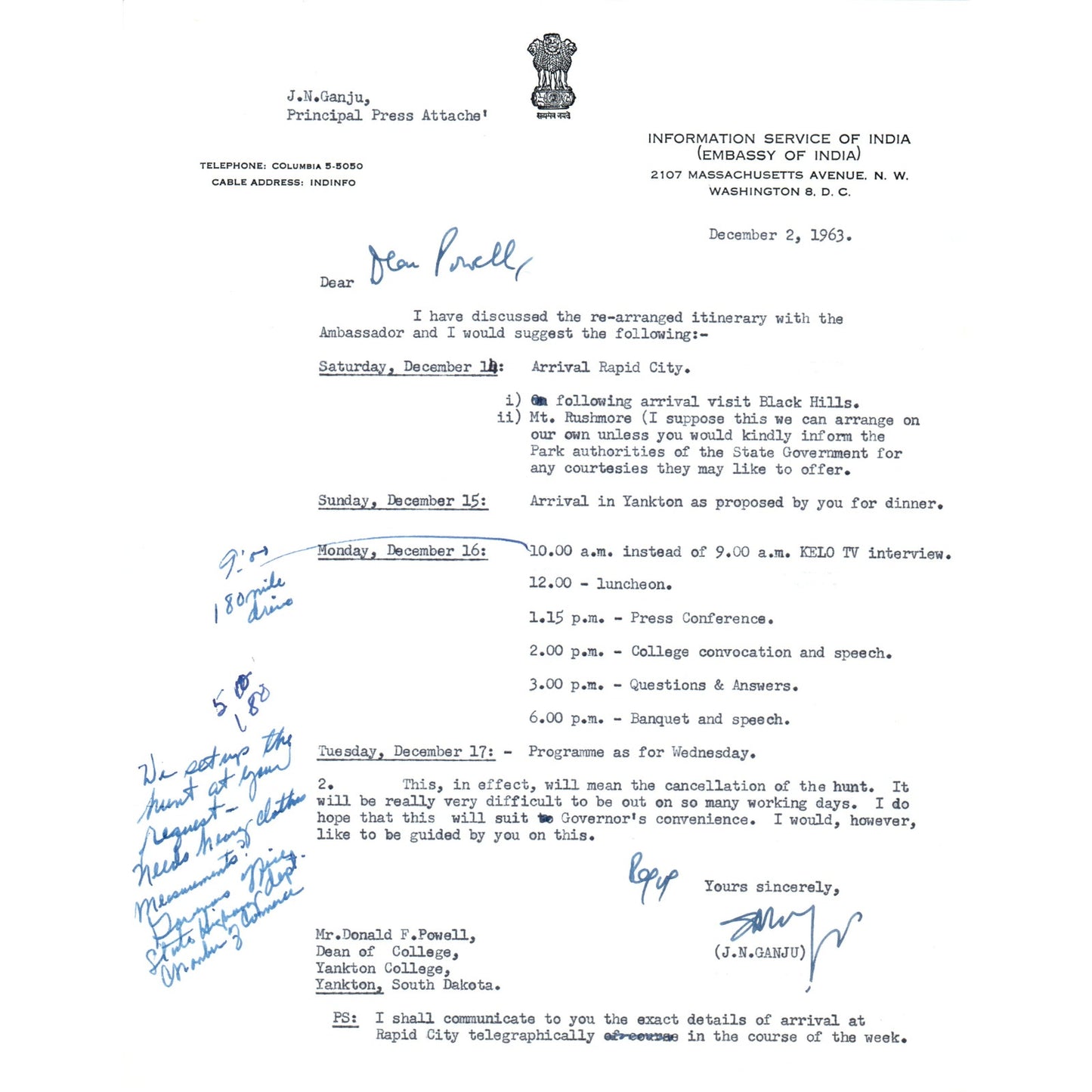 Embassy of India J.N. Ganju Press Attache Dec 2 1963 B15