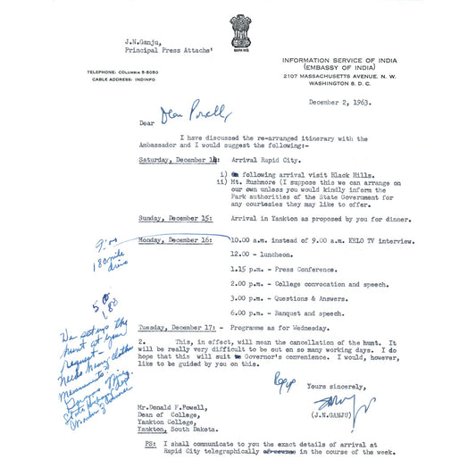 Embassy of India J.N. Ganju Press Attache Dec 2 1963 B15