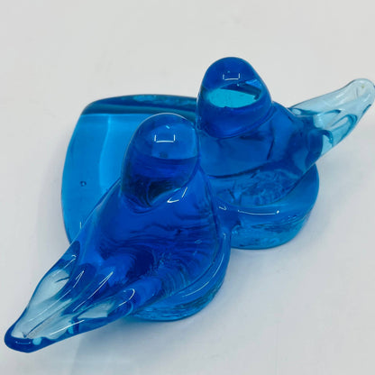 Kissing Heart Shaped Blue Birds of Happiness Blue Glass Paperweight 6x2.5” TD1