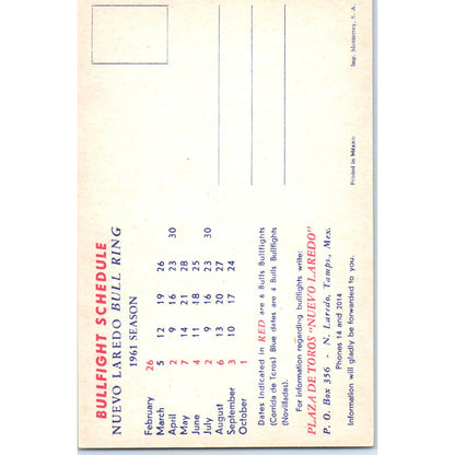 1961 Nuevo Laredo Bull Ring Bull Fight Schedule Original Postcard TK1-24