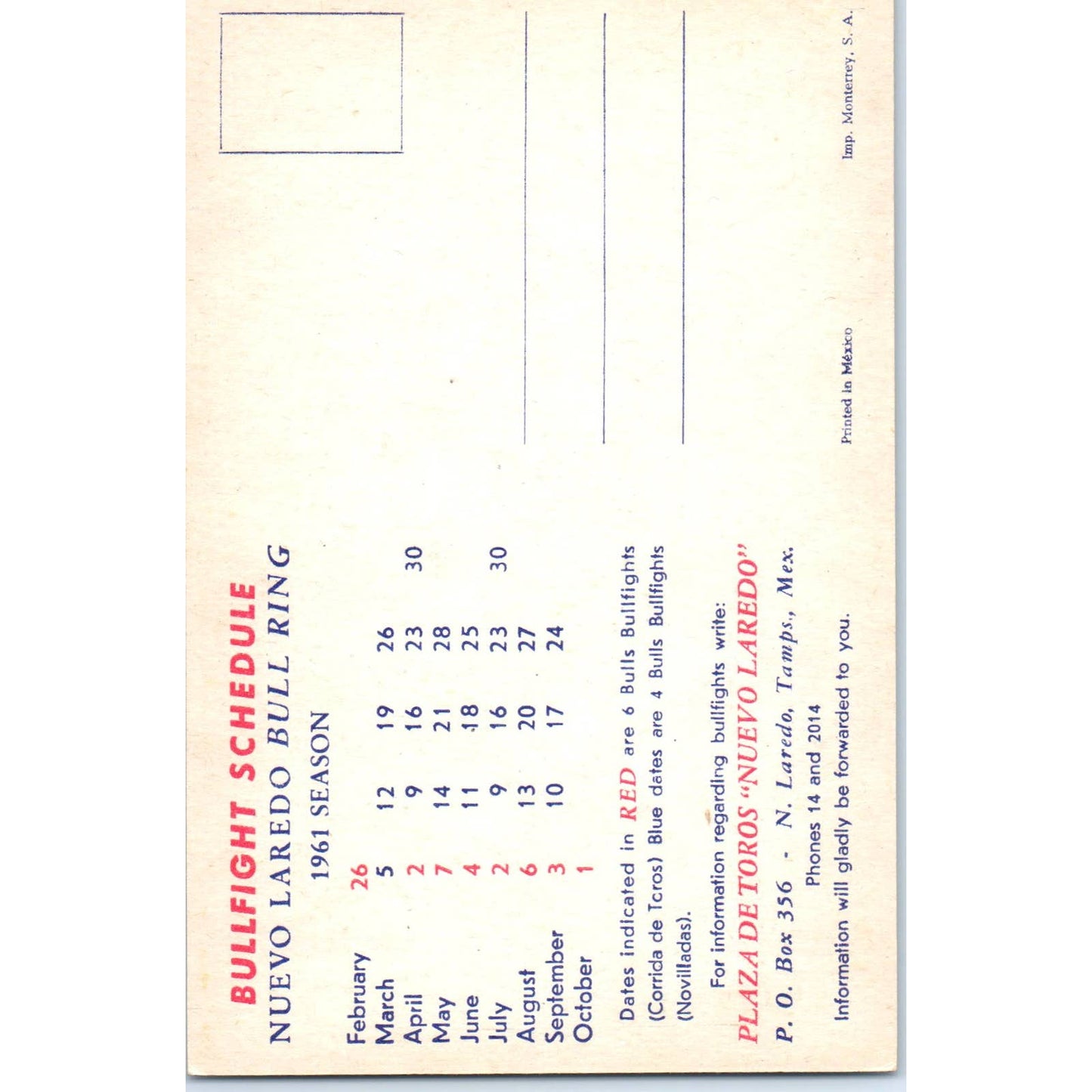 1961 Nuevo Laredo Bull Ring Bull Fight Schedule Original Postcard TK1-24
