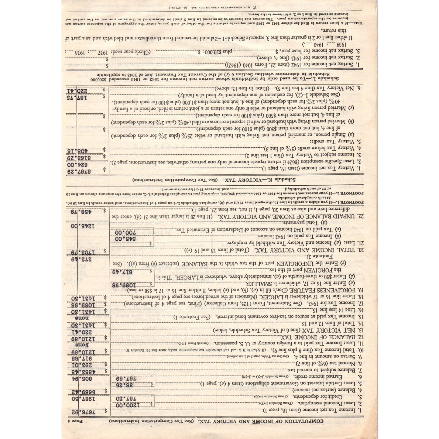 1943 WWII Income & Victory Tax Declaration Form 1040 Waldo & Marie Marquart AD4