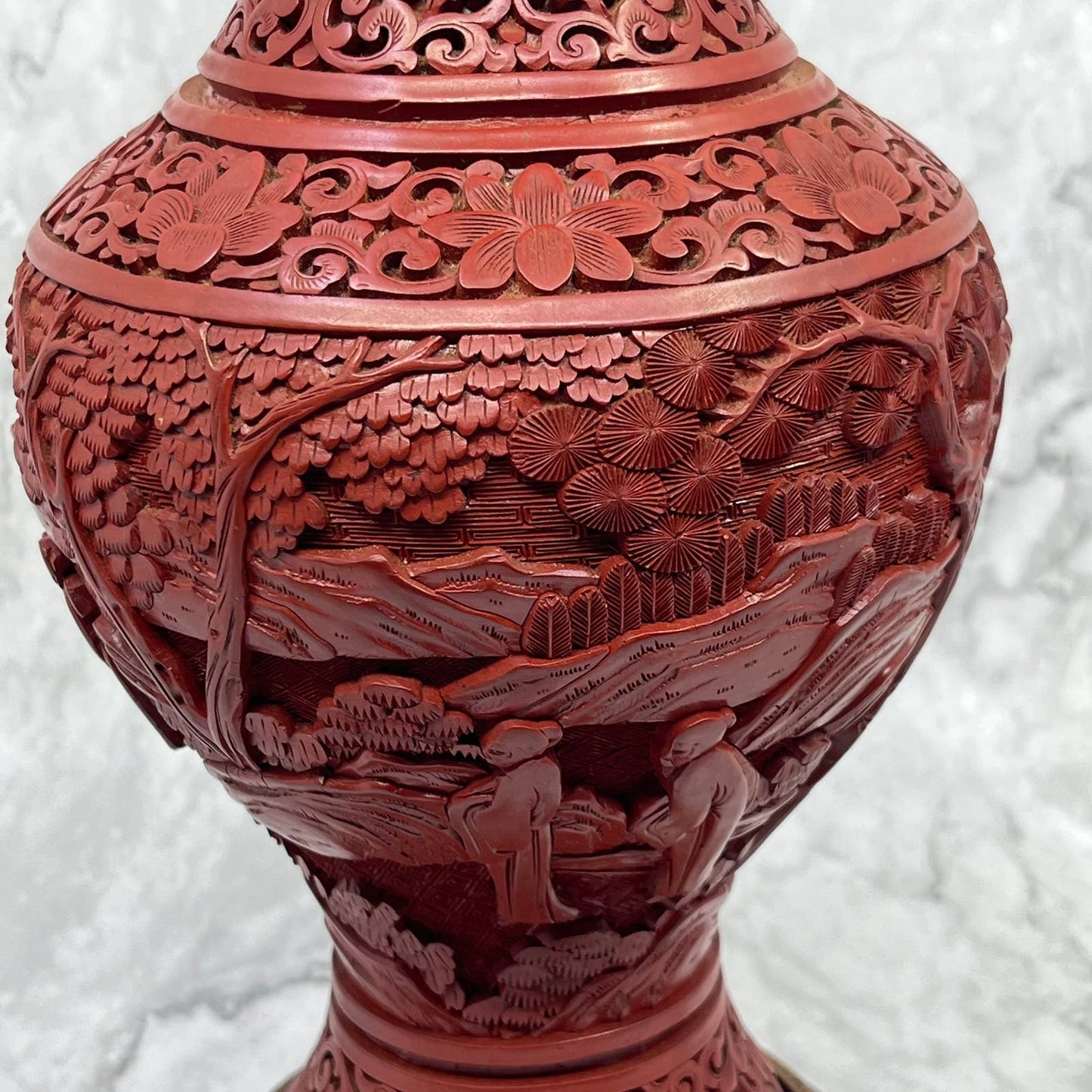 Vintage MCM Asian Chinese Cinnabar Lacquer Style Table Lamp WORKS 15" TI7