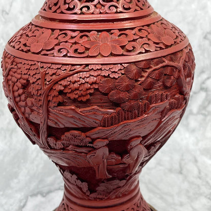 Vintage MCM Asian Chinese Cinnabar Lacquer Style Table Lamp WORKS 15" TI7