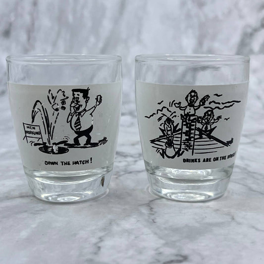 Vintage MCM Shot Glass Set Humor DRINKS ARE ON THE HOUSE & DOWN THE HATCH TI9