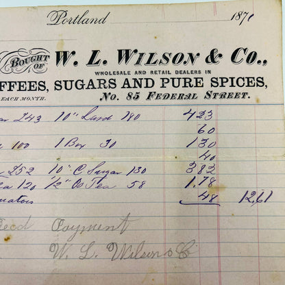 1871 W.L. Wilson & Co. 85 Federal St Portland ME Billhead Letterhead Receipt AA4