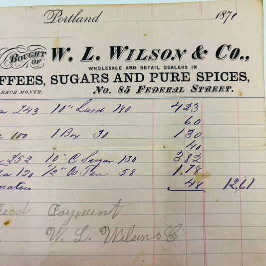 1871 W.L. Wilson & Co. 85 Federal St Portland ME Billhead Letterhead Receipt AA4